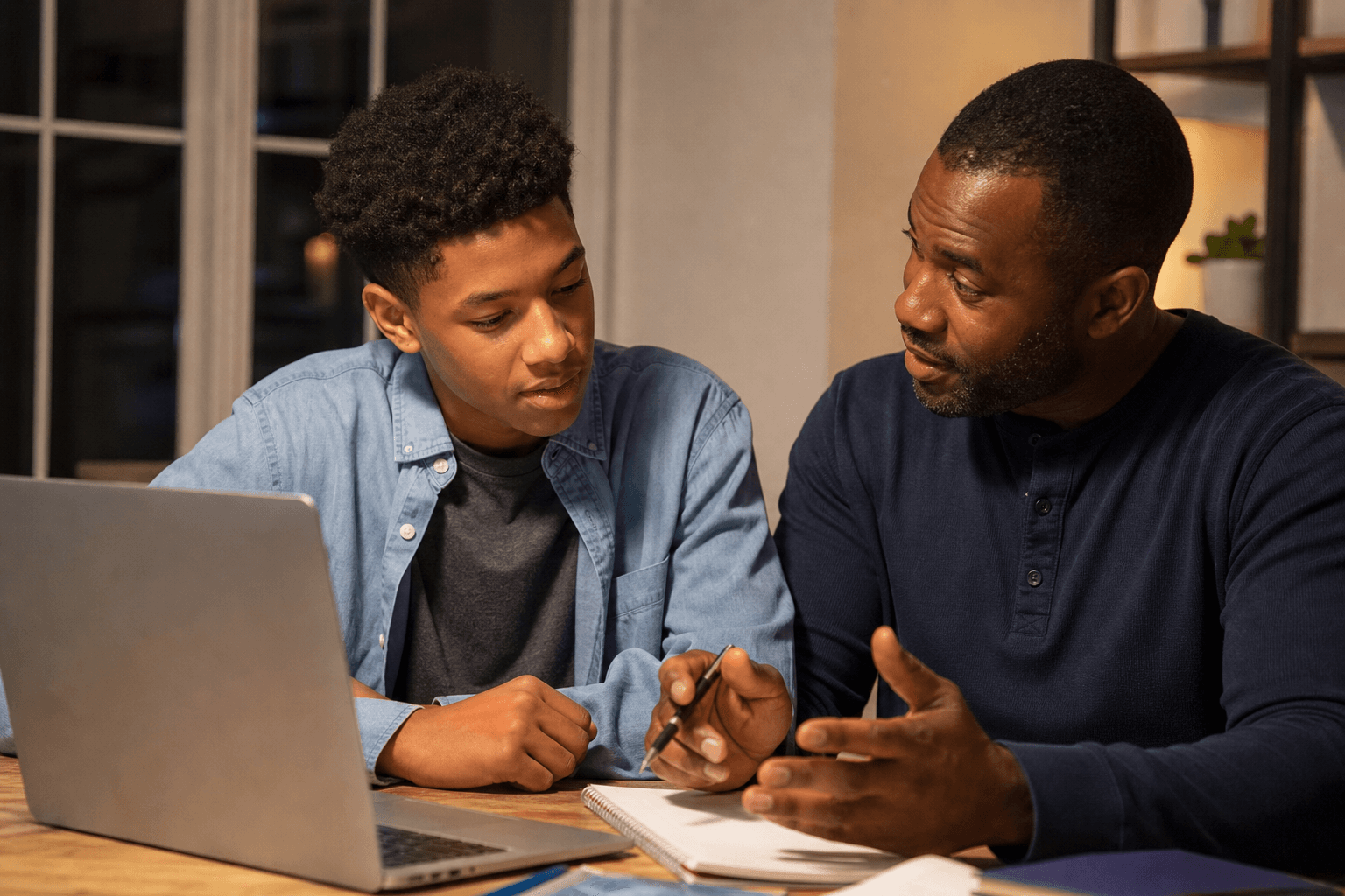 Parent coaching a teen through a plan at the dining table