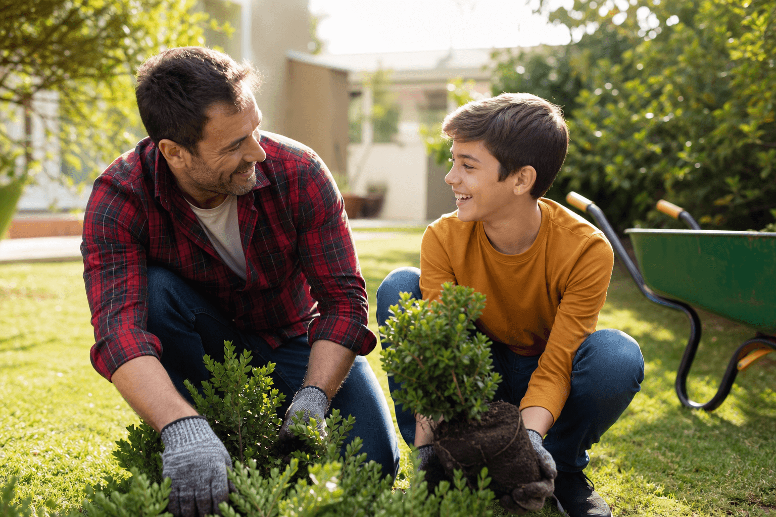 Parent and kid laughing while doing yard work together